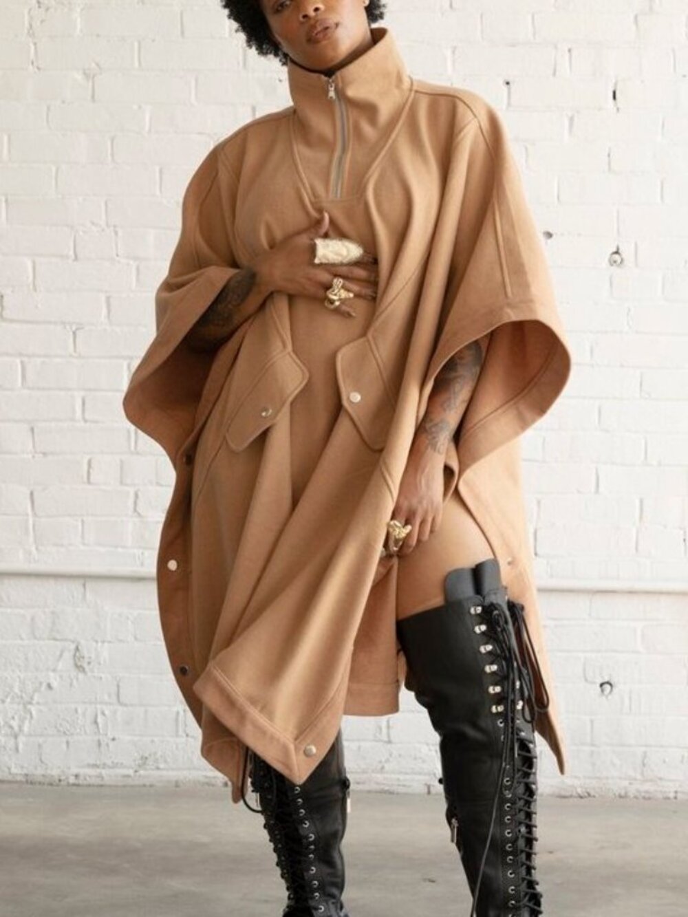 ICCON Camel Coat Poncho Cape Wool Blend Extra Large XL Tan Winter